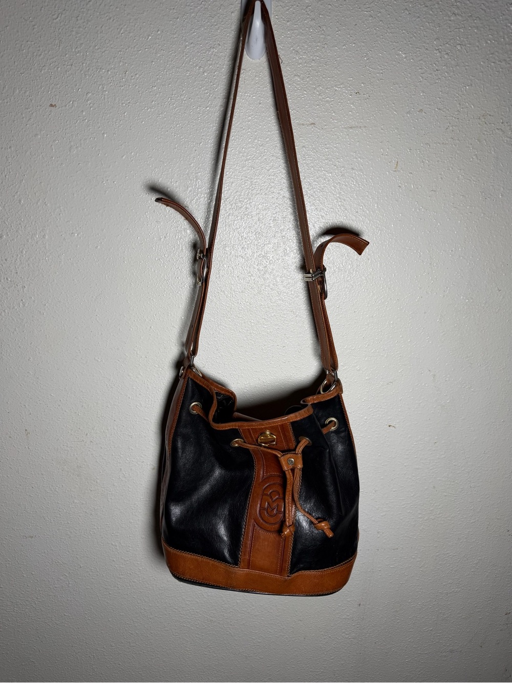 Marino Orlandi Black and Brown Leather Bucket Shoulder Bag